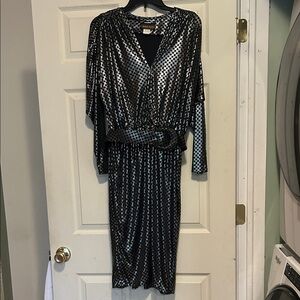 Taurus Nites Black Metallic Vintage Dress with Belt Size 14 Petite